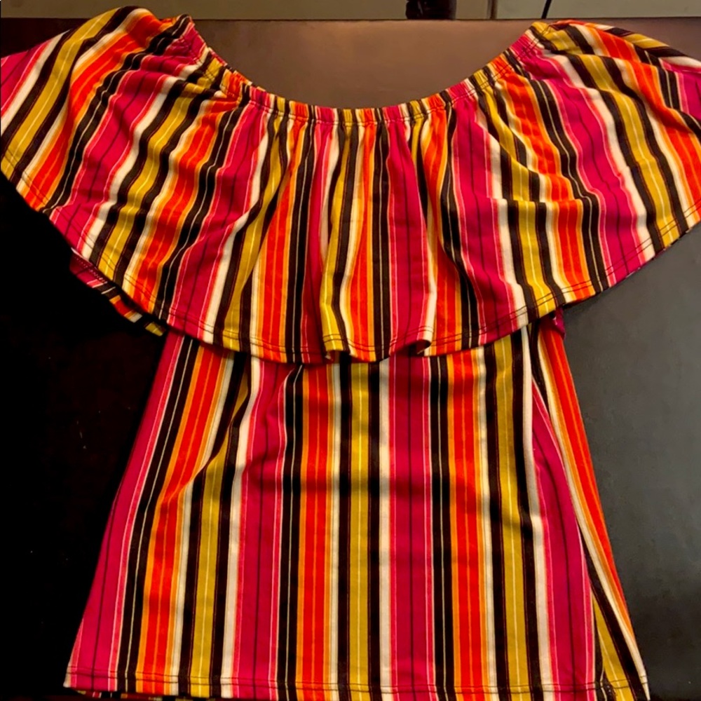 Off the shoulder, stripped multicolor top
